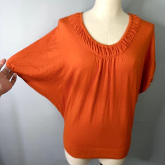 Anthro Moth Pullover Dolman Batwing Orange Silk Blend Short Sleeve Sweater Sz M - Picture 2 of 11